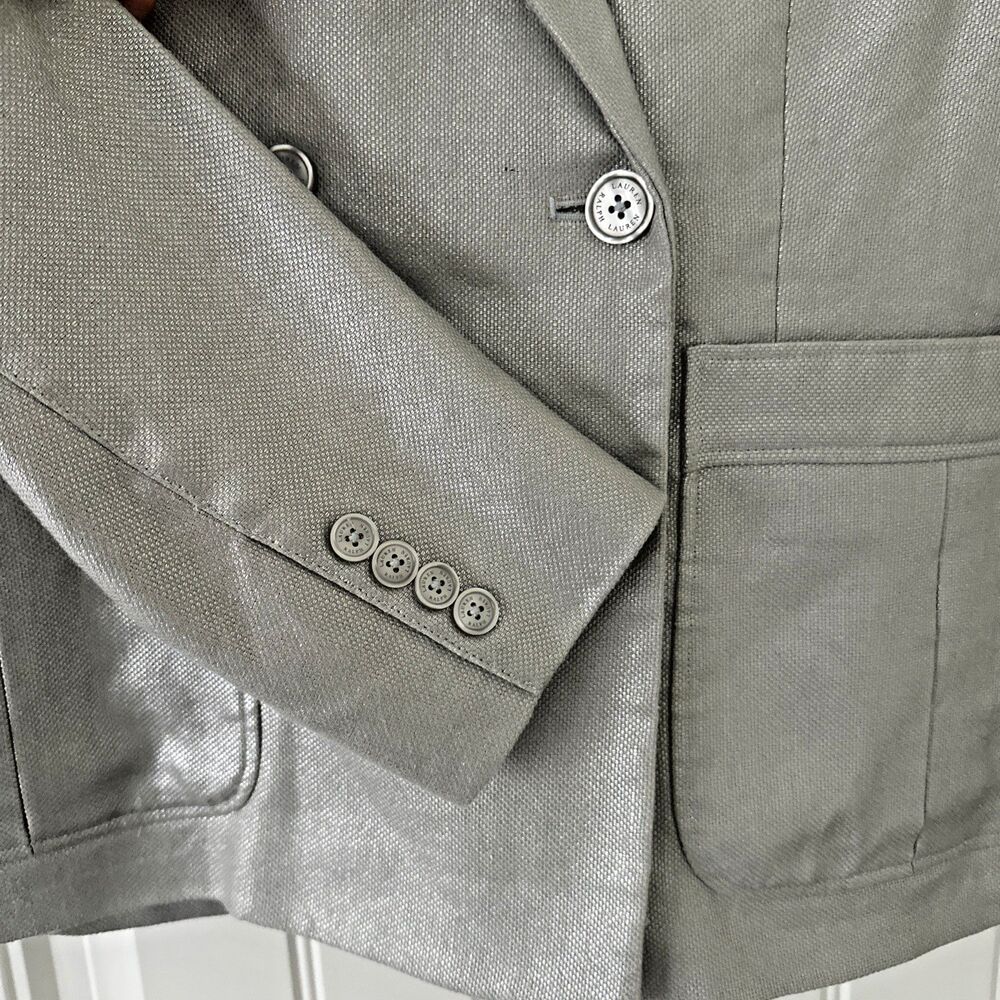 Lauren Ralph Lauren Women's Foiled Linen-Cotton Blazer Silver Foil Light Gray 6 - Picture 8 of 13